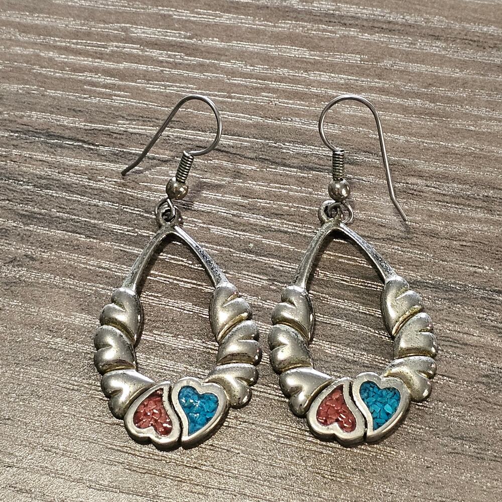Vintage Silver, Turquoise & Coral Chip Heart Puffy Dangle Earrings Southwestern